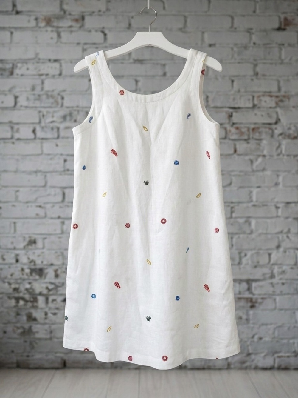 Crisp White Sleeveless Shift Dress With Embroidered Sea Motif by C&C California
